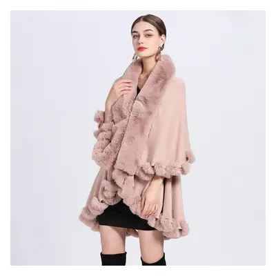 (pink, One Size) Winter Women&apos;s Cape Shawl Fur Collar Large Size Knitted Cardigan Loose Tem