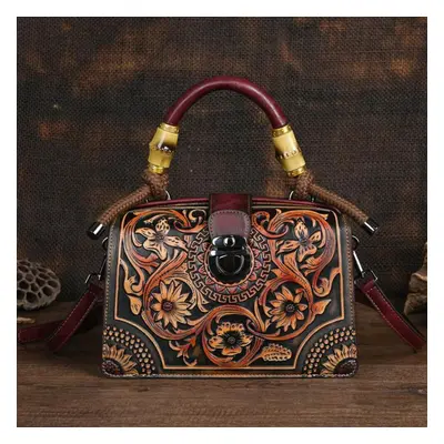 (burgundy) Johnature Vintage Luxury Handbag Handmade Leather Carved Women Bag Versatile Female S