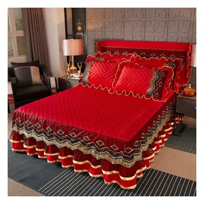 (red, 150*200cm) Family Bedroom Princess Lace Quilted Bedspread Luxury Bedspread Skirt Lace Beds