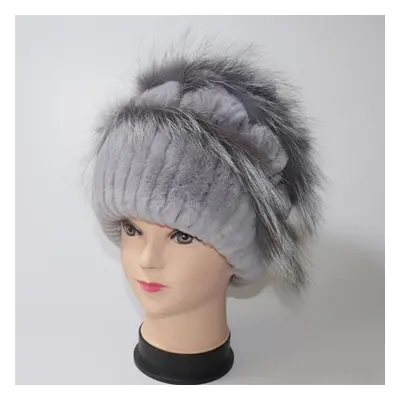 (light grey, Good elasticity 52cm-60cm) Winter Hand Knitted Real Rex Rabbit Fur Hat Women Warm Q