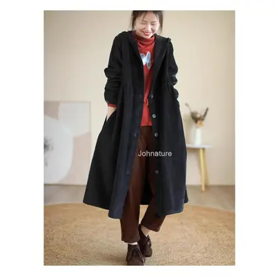 (black, One Size) Johnature Women Vintage Corduroy Hooded Trench Button Solid Color Long Sleeve 