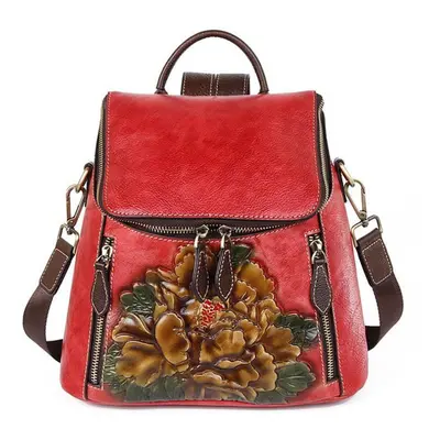 (red) Johnature Retro Genuine Leather Floral High Quality Women Luxury Backpack Large Capacity C