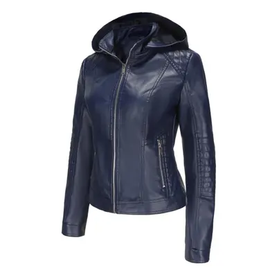 (dark blue, 2XL) Women's Bomber Jackets Faux Leather Removable Hooded Short Coats Slim Pu Motorc