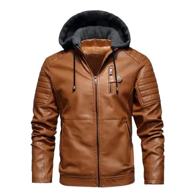 (khaki, XXXXL) Winter Men &apos;s Fleece Hooded Leather Jacket Men &apos;s Casual Stand Collar M