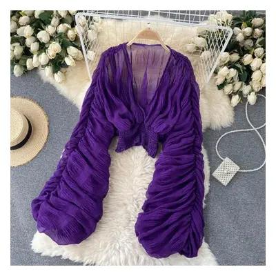 (purple, One Size) Women Sexy Chiffon Short Blouse Female See Through Super Long Sleeve Blusas P