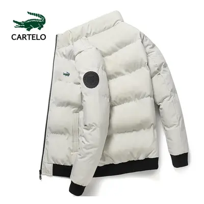 (white, 3XL) Cartelo Down Cotton Jacket Embroidery Men&apos;s Coat Stand Collar New Winter Cotto