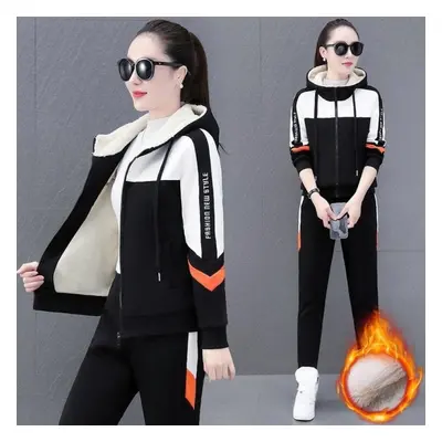 (black, L) Women&apos;s Autumn Winter Fleece-lined Thickened Sports Suit Hooded Sweatshirt Two-p