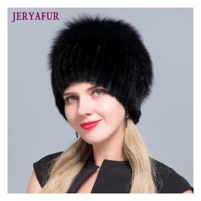 (black) Warm Real Natural Mink Fur Hat Female Mix Color Sliver Fox Fur Women Winter Hats Double 