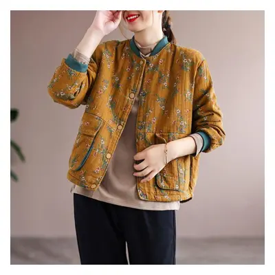 (yellow, One Size) Johnature Women Vintage Stand Loose Print Floral Jacket Long Sleeve Padded Co