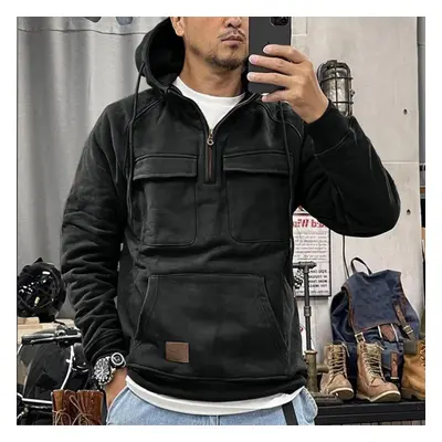 (black, M) Men&apos;s Hooded Solid Color Sweater, European And American Youth Sports Multi Pocke