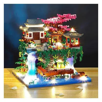 (green) Architecture Peach Tree House Waterfall River Light Diy Mini Diamond Blocks Bricks Build