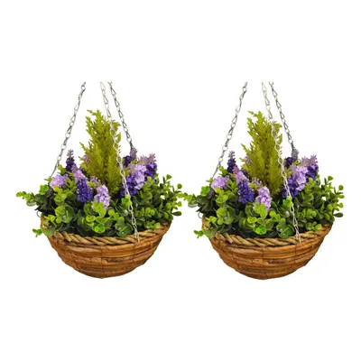 2 x Artificial Lavender & Eucalyptus Topiary Hanging Baskets (25cm)