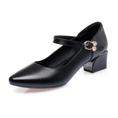 (black, 37) Women Shoes Mid Heel Spring Genuine Leather Women Commuter Shoes Round Toe Shallow M