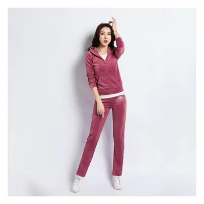 (light purple, S) Slim Velvet Tracksuit Women Hooded Zip Korean Casual Basic Two Piece Set Tops 