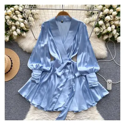 (blue, S) V Neck Puff Sleeve Satin Lace-up Solid Color Dresses For Women French Chic Pleated Dre