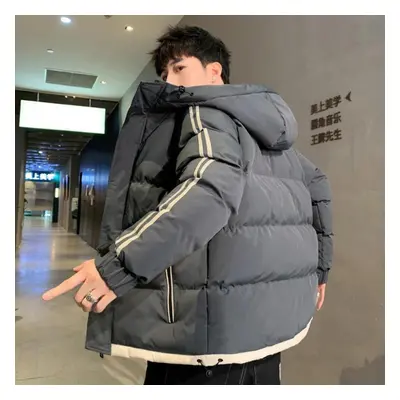 (grey, 2XL) Men&apos;s Down Jacket Striped Parkas Teenager Thick Loose Coat Autumn Winter Clothi