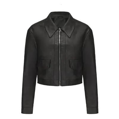 (black, XL) Faux Leather Jackets For Women Thin Crop Top Short Jacket Long Sleeves Lapel Zipper 