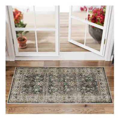 Washable Door Mat for Entryway 60x110cm, Green Vintage Door Rug for Front Back Door Short Pile, 