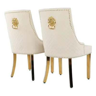 (Cream, 2) Velvet Upholstered Seat Luxury Dining Accent Chair Metal Legs Gold Home Office Study