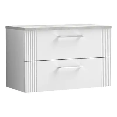 Retro Drawer Wall Hung Vanity Unit with Bellato Grey Laminate Worktop - 800mm - Satin White - Ba