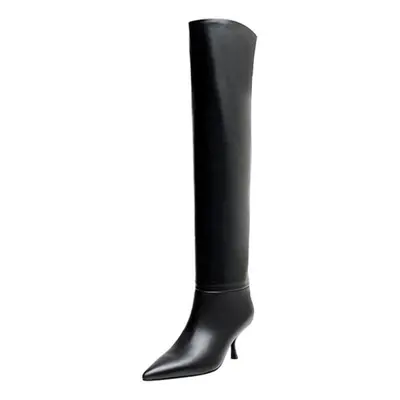 (black, 43) Meotina Pleated Genuine Leather High Heel Knee-high Boots Women Shoes Pointed Toe Th