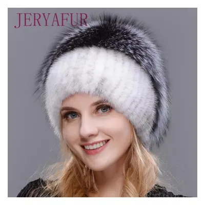 (white,grey) Women New Winter Fur Cap Hooded Head Genuine Mink Fur Hat And Silver Fox Fur Flower