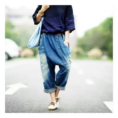 (dark blue) Women&apos;s Jeans Casual Pants Big Crotch Pants Loose Hole Pants