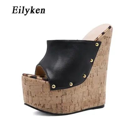 (black, 40) Eilyken New Fashion Rivet Design Women Peep Toe Platform Wedge Slippers Black Summer