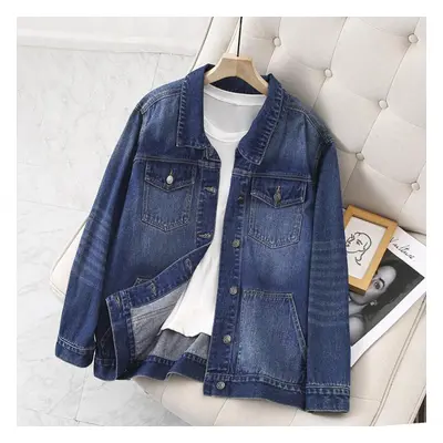 (blue, 2XL) Spring And Autumn Vintage Denim Jacket Women&apos;s High Waist Mid-length Loose Plus