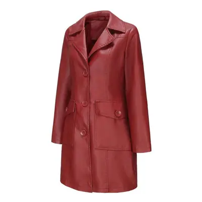 (burgundy, 2XL) Faux Leather Walking Coats Women's Long Trench Coat Single Breasted Lapel Long S