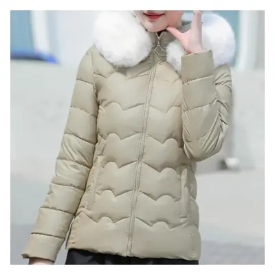 (khaki, 2XL) Fashion Winter Short Parkas Female Outerwears Hooded Faux Fur Collar Lady Jackets T