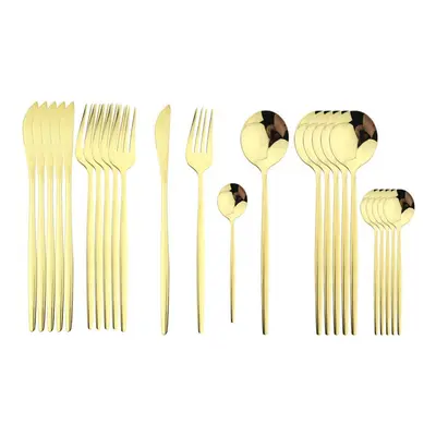 (champagne, 24pcs) 24pcs Black Handle Golden Cutlery Set Stainless Steel Knife Fork Spoon Tablew