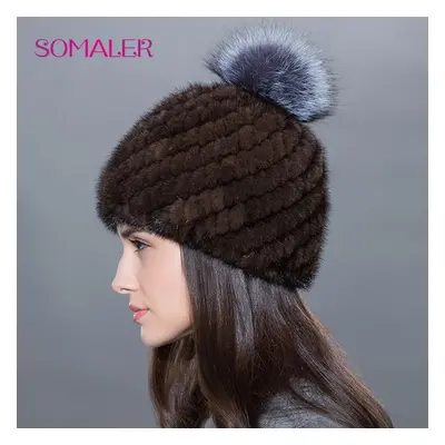 (as the picture) Somalre Womens Mink Fur Hats With Pompom For Winter Real Fur Beanie For Girls A