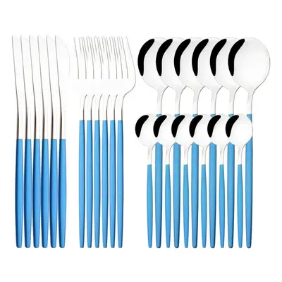 (blue,silver, 24PCS) Luxury 24pcs Rose Gold Dinnerware Set Knife Fork Spoon Cutlery Set With Gif