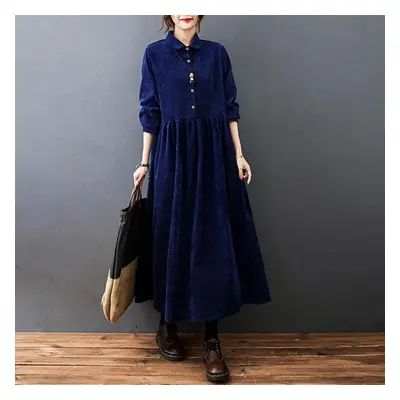 (navy, 2XL) Autumn Long Corduroy Dresses Literary Plus Loose Solid Color Lapel Long Sleeve Party