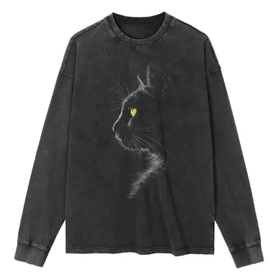 (black, S) Streetwear Cat Graphic Washed Black T-shirt Cotton Unisex Tops Tees Plus Size Long T 