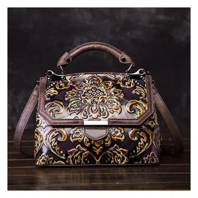 (purple, 26cm*13cm*20cm) Genuine Leather Handbags Flower Embossing Vintage Shoulder Bags For Wom