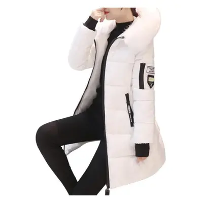 (white, 3XL) Women Winter Cotton Coat Thickened Padded Stuffed Hooded Mid Length Windproof Warm 