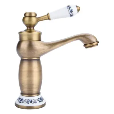 Vintage Antique Brass Faucet With Blue And White Porcelain, Long Neck Mixer Tap For Bathroom/kit