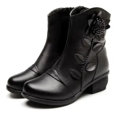 (black, 38) Winter Fashion Women Shoes Flower Genuine Leather Ankle Boots Casual Soft Platform V