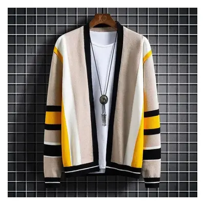 (apricot, 2XL) Knit Sweater Male Coat Cardigan Men&apos;s Clothing Jacket Striped V Neck Blue La