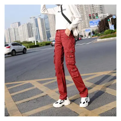 (brick red, 29) Women Straight Multi-pocket Cargo Pants Denim Overalls Ladies Fashion Workout Jo