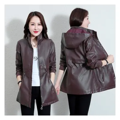 (maroon, L) Women &apos;s Leather Jacket Mid -length Coat Casual Leather Jacket