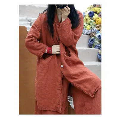 (red, One Size) Johnature Women Linen Casual Loose Coats Solid Color Simple Korean Style Long Sl