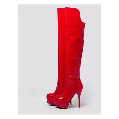 (red, 43) Black Red White Women Thigh High Boots Platform Super High Heel Small Big Size 46