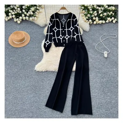 (black, One Size) Fashion Basic Knitted Suits Ladies Single Breasted Print Cardigan+high Waist W