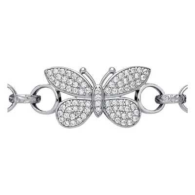 Jewelco London Ladies Rhodium Plated Sterling Silver CZ Soaring Butterfly Engraved Belcher Charm