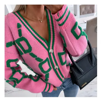 Women Cardigan Green Striped Pink Knit Button Lady Cardigans Sweaters V-neck Loose Casual Winter