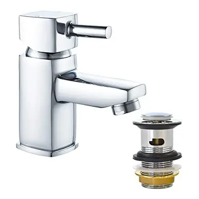 XBMY Basin Taps with pop up Waste,Mono Square Single Lever Chrome Bathroom Sink Mixer Tap for Wa