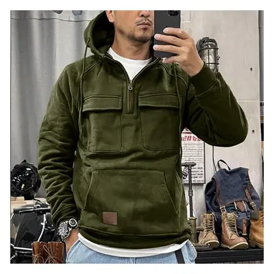 (green, XL) Men&apos;s Hooded Solid Color Sweater, European And American Youth Sports Multi Pock